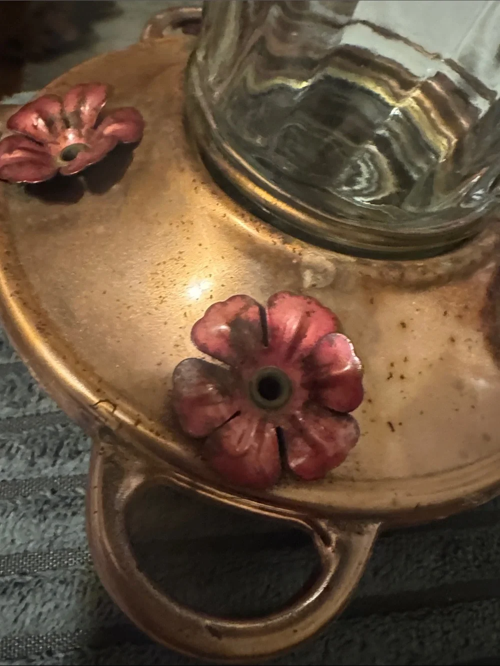 Copper Finish Decorative Hummingbird Feeder with Pink Flower Accents